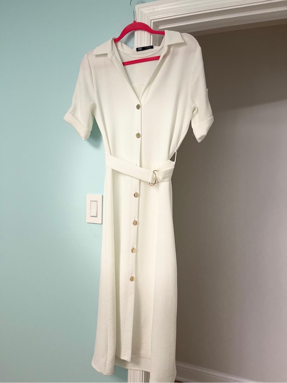 Zara Cream Button-Front Midi Shirt Dress with Belt
